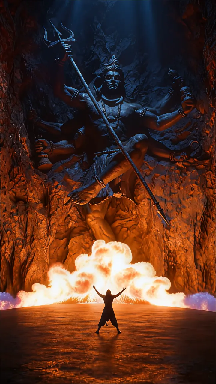 Shiva In Cave With Trishul And Fire Explosion