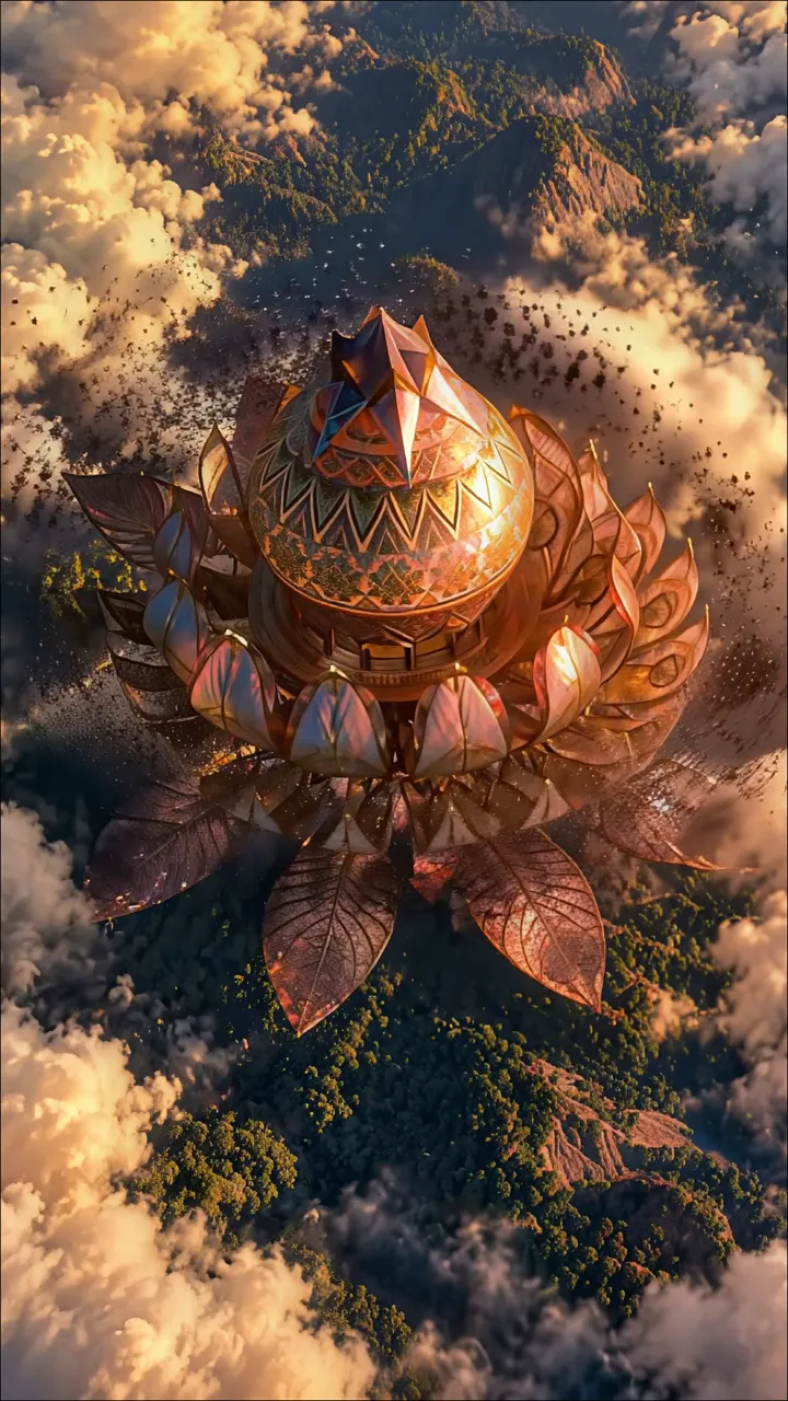 Golden Lotus Temple Floating Above Clouds With Mountain View