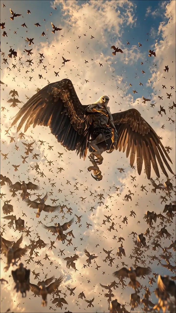 Giant Eagle God Soaring With Flock Of Birds In Golden Sky