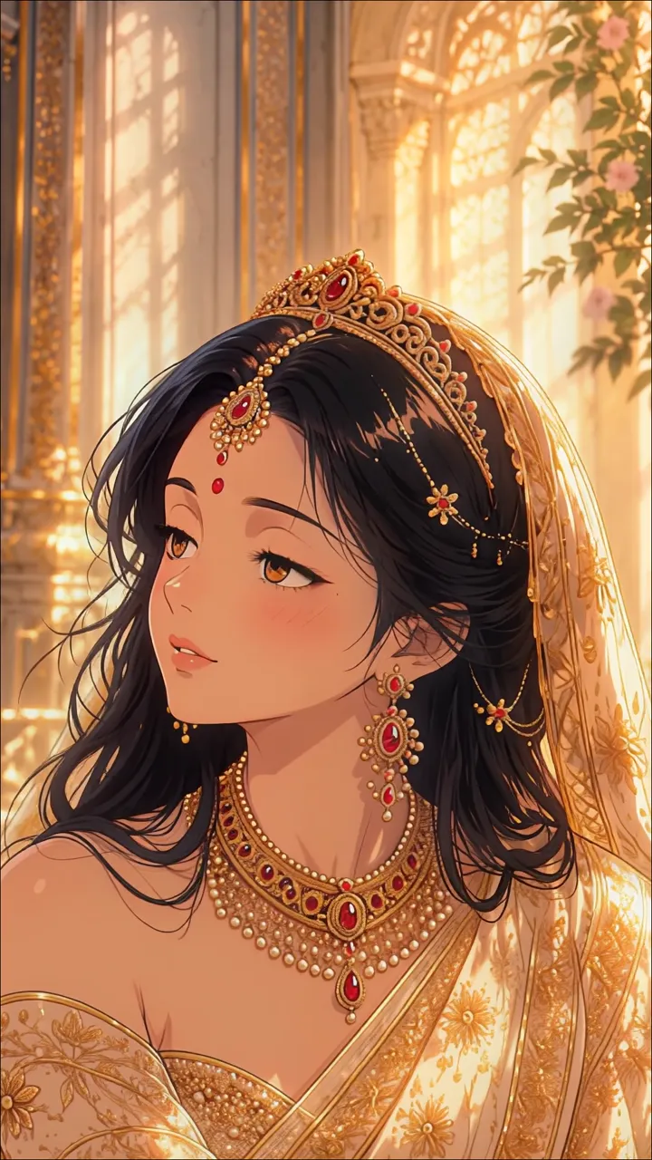 Elegant Indian Bride In Golden Sari With Ruby Jewelry