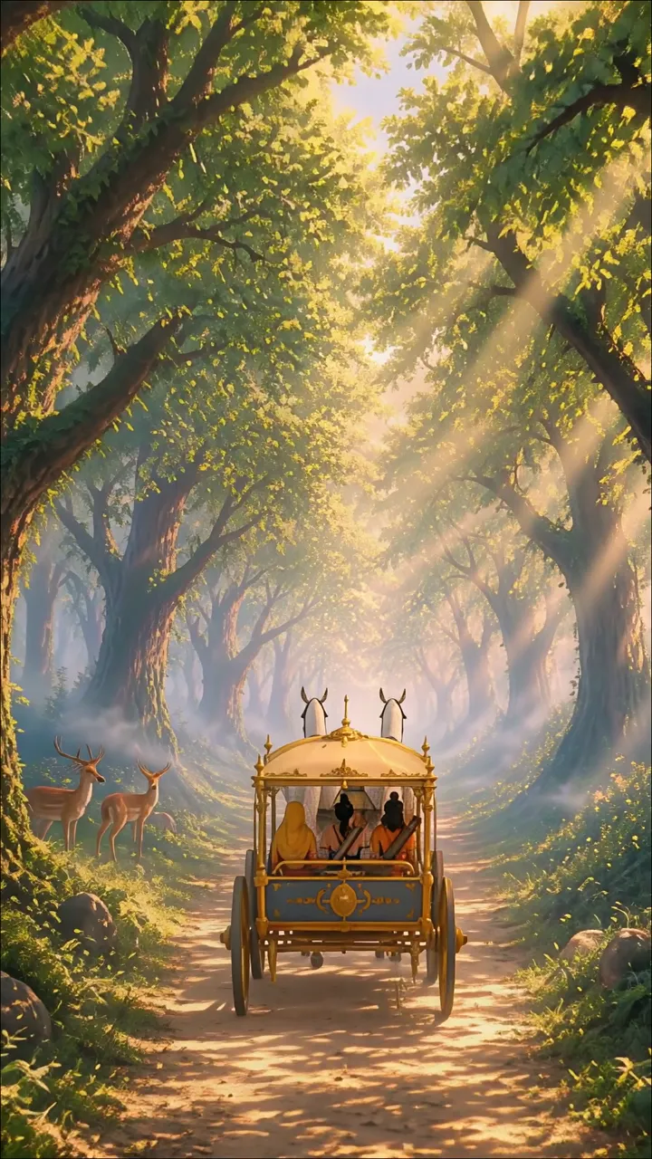 Golden Royal Carriage Through Enchanted Forest With Deer