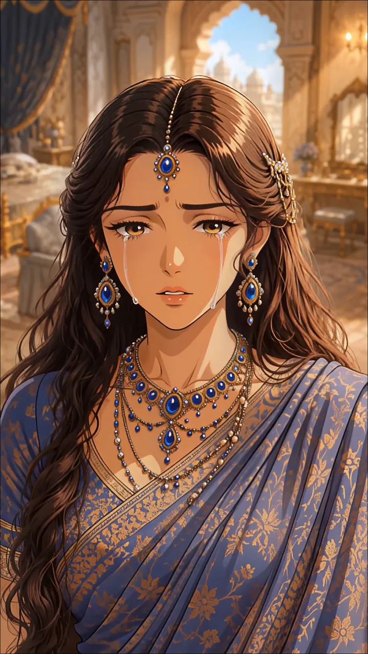 Sad Indian Princess Crying In Royal Palace With Blue Jewelry