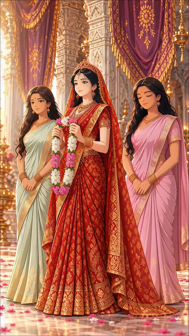 Bride In Red Saree With Floral Garland And Two Attendants