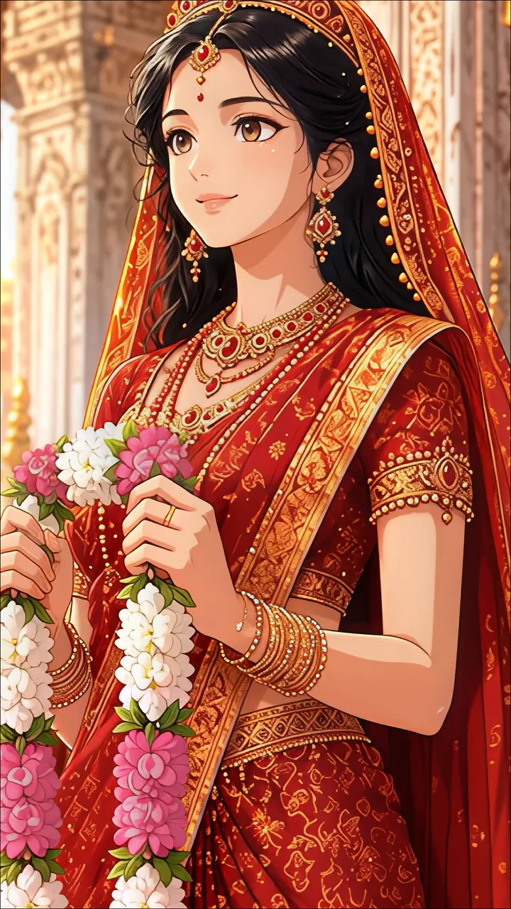 Beautiful Indian Bride In Red Saree Holding Flower Garland