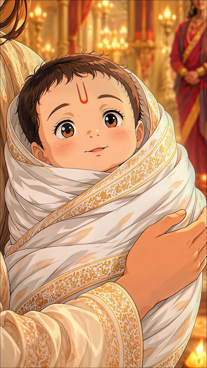 Baby Krishna Wrapped In White And Gold Sari With Tilak