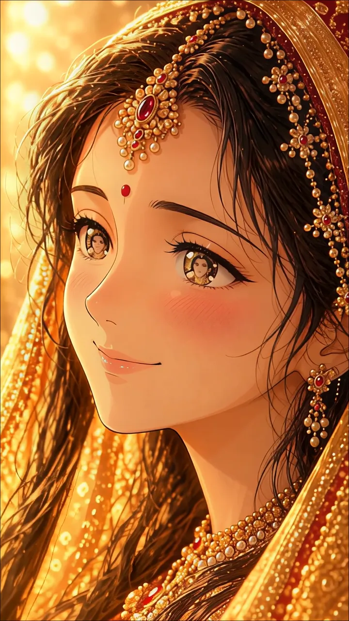 Anime Girl In Golden Bridal Attire With Ruby Jewelry And Warm Glow