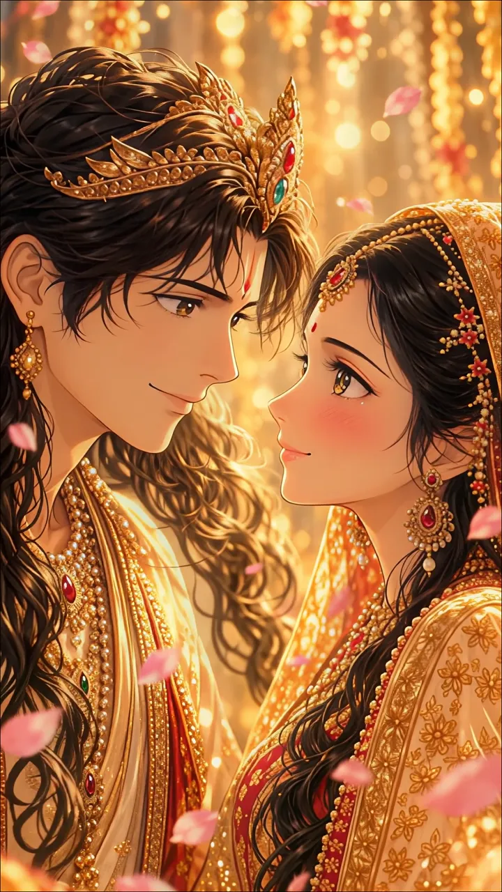Romantic Indian Couple In Traditional Wedding Attire With Golden Aura