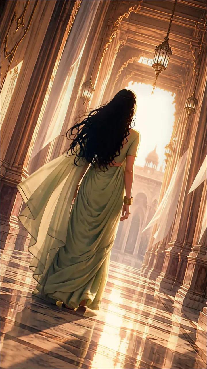 Graceful Woman In Green Saree Walking Through Golden Palace Hallway