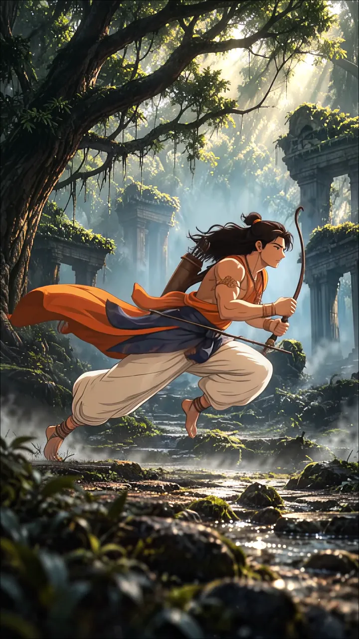 Archer Running Through Ancient Temple Ruins In Forest