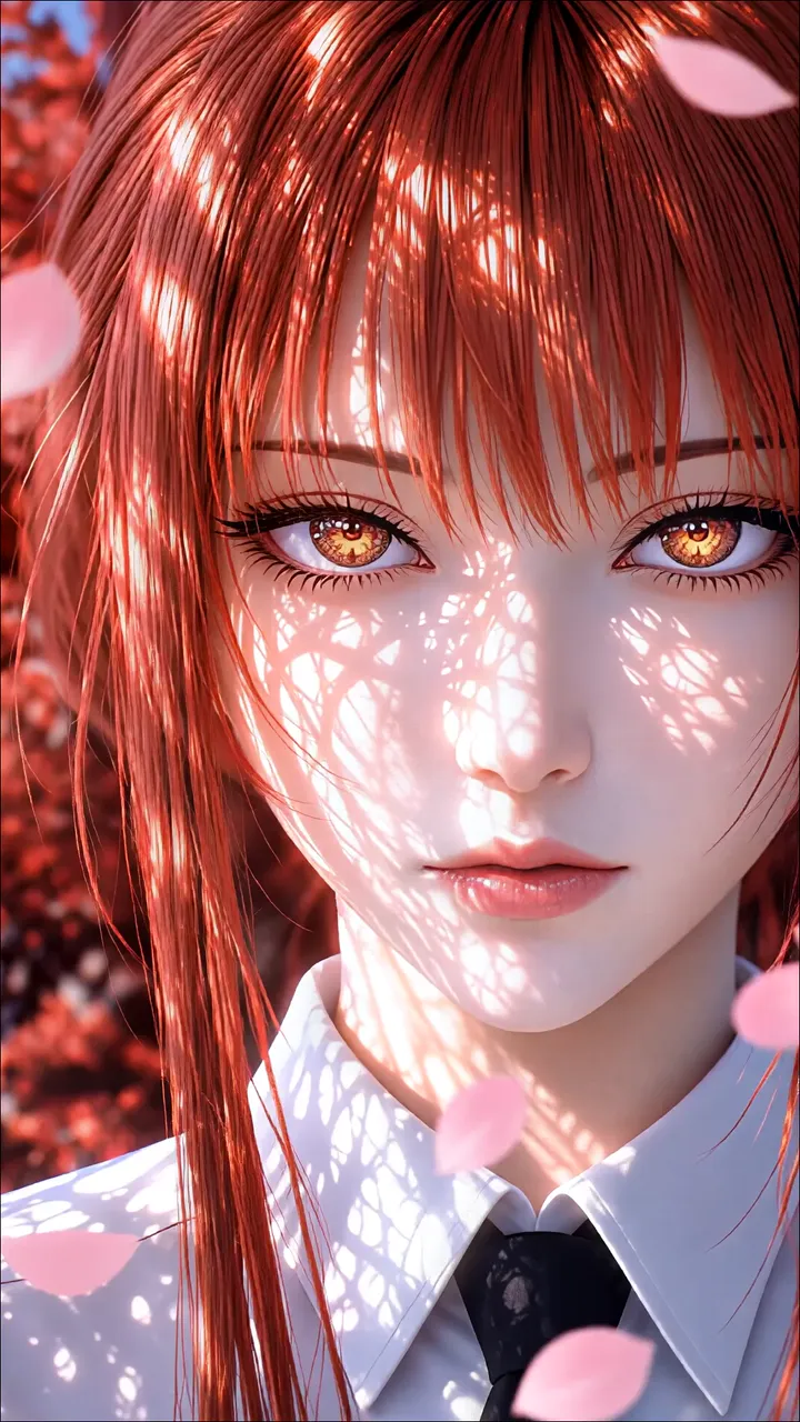 Anime Girl With Red Hair And Golden Eyes Amid Falling Pink Petals