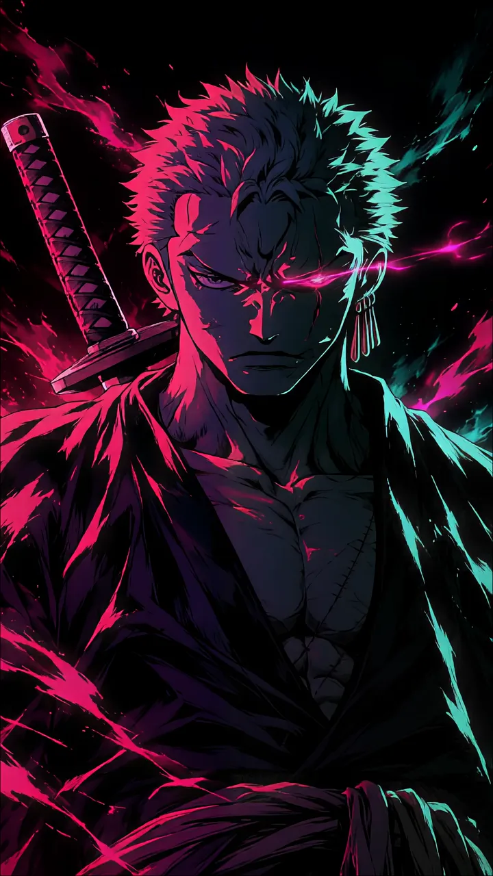 Roronoa Zoro, One Piece Anime Swordsman With Pink Lightning And Neon Aura