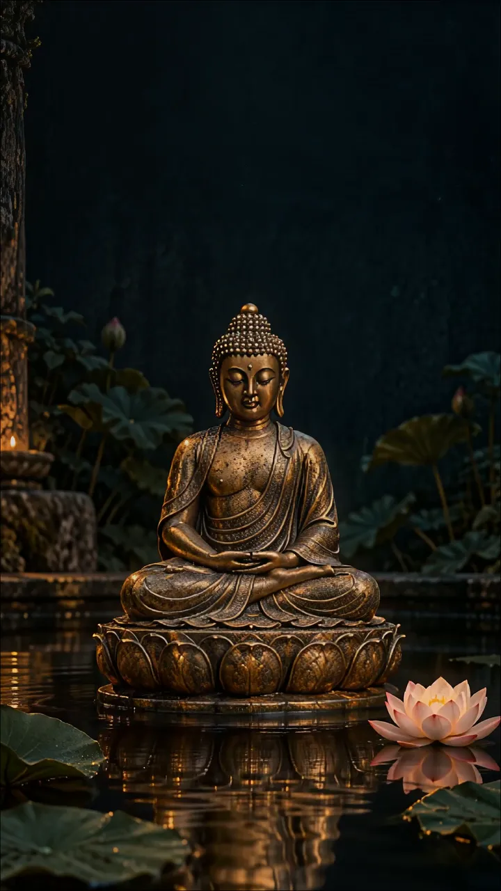 Golden Buddha Statue Meditating Amid Lotus Flowers In A Serene Pond