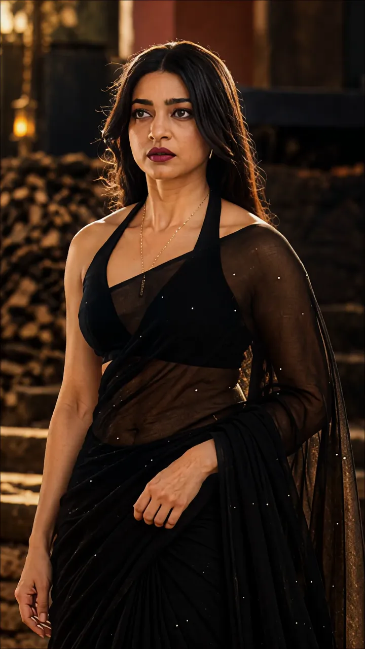 Akka In Black Saree With Golden Lighting