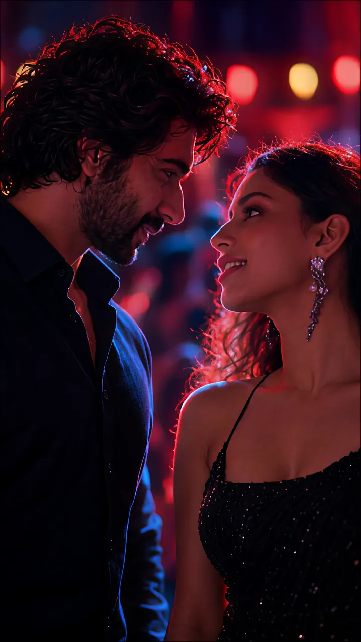 Couple In Love Under Neon Lights At Night