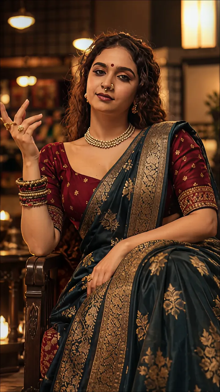 Akka In Traditional Indian Saree With Gold Embroidery