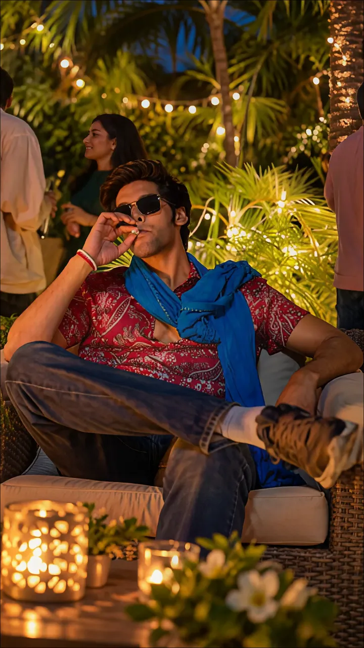 Actor Shahid Kapoor Relaxing Under String Lights At Tropical Night Party