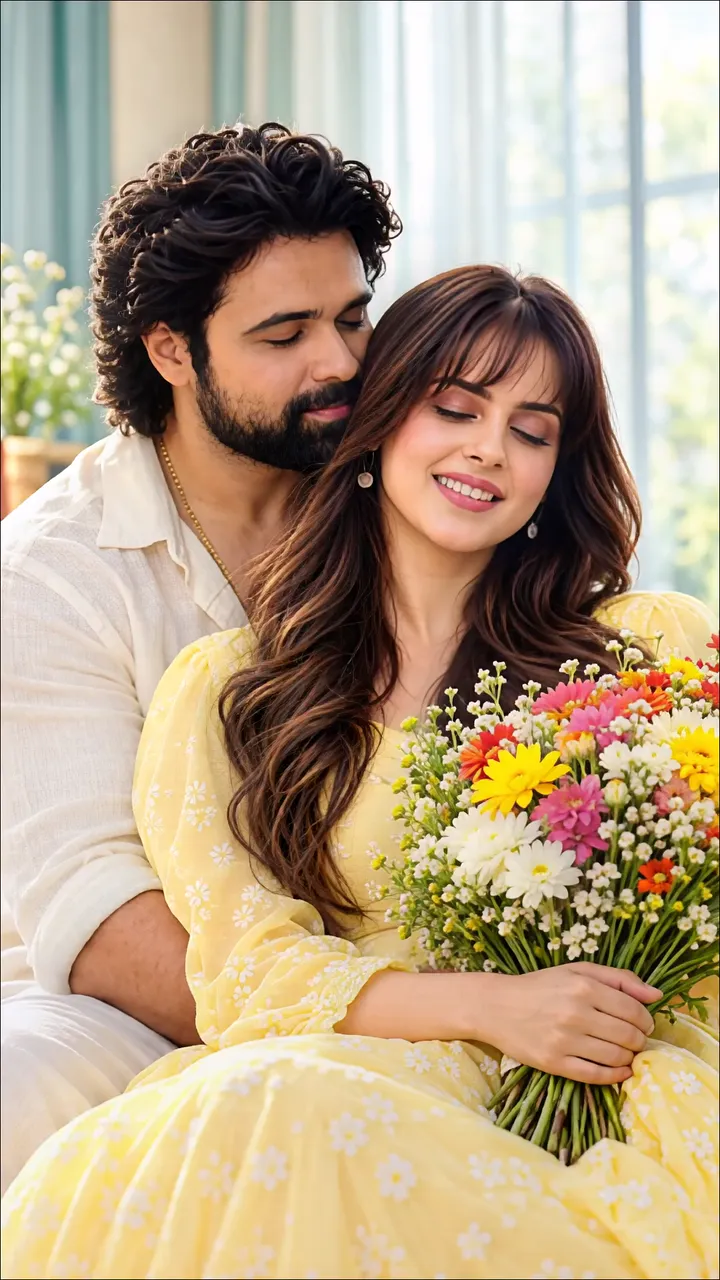 Couple In Yellow Dress Sharing A Romantic Moment With Flower Bouquet