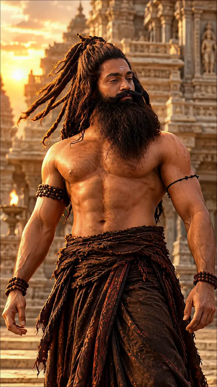 Rama With Dreadlocks Standing Before Ancient Temple At Sunset