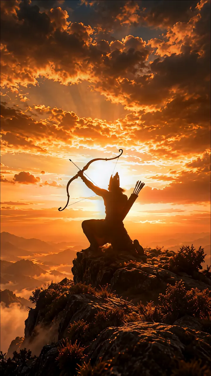 Rama Silhouette On A Mountain Peak At Golden Sunrise
