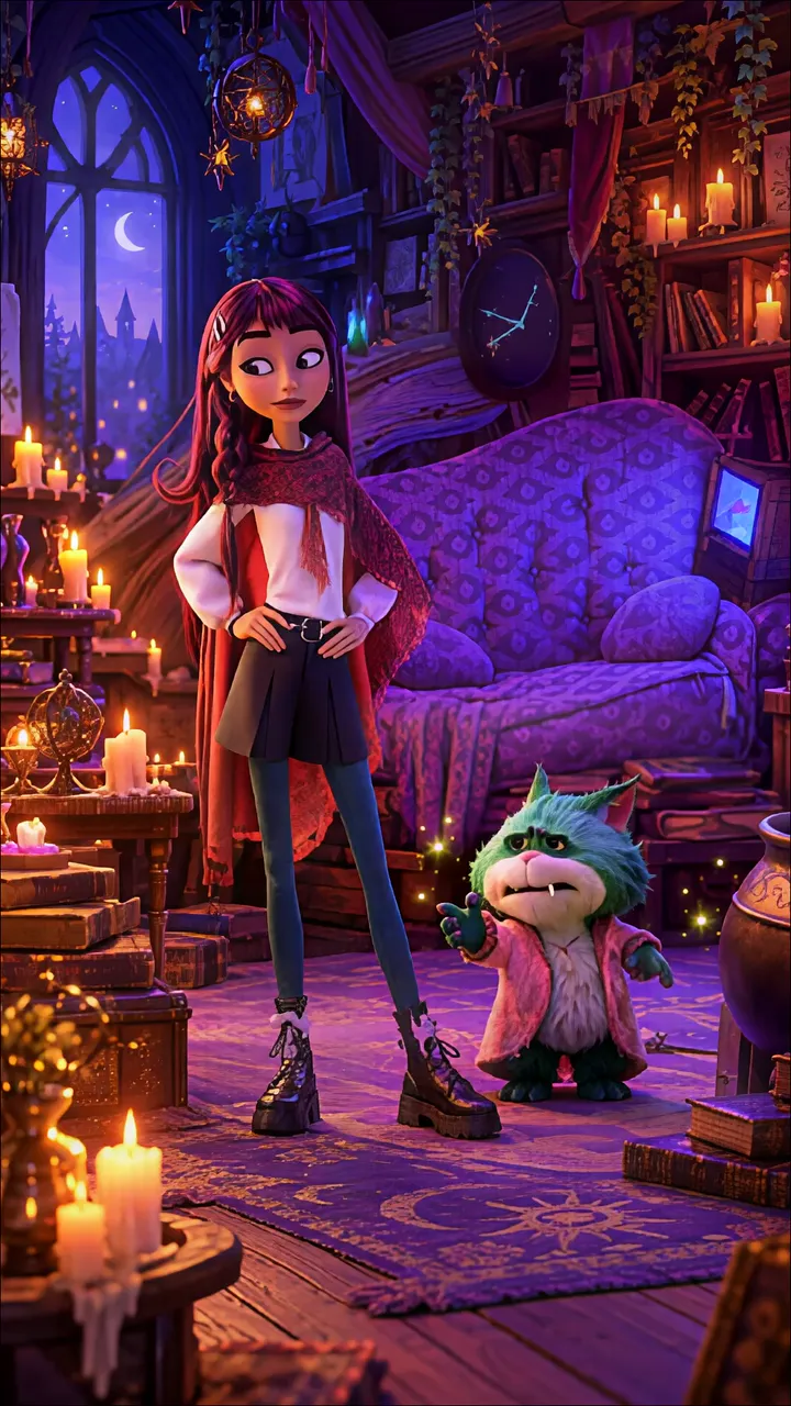 Cursed Girl With Green Cat In Magical Gothic Study