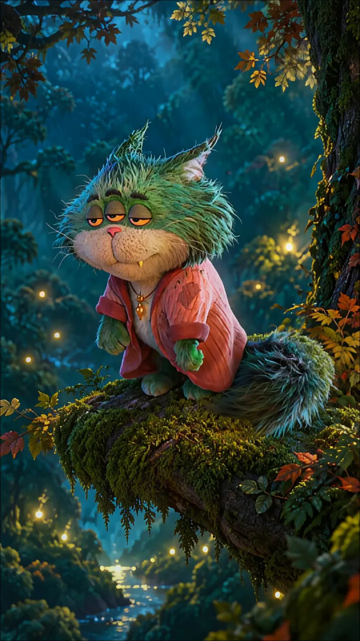 Grumpy Green Cat Sitting On Mossy Tree Branch In Enchanted Forest