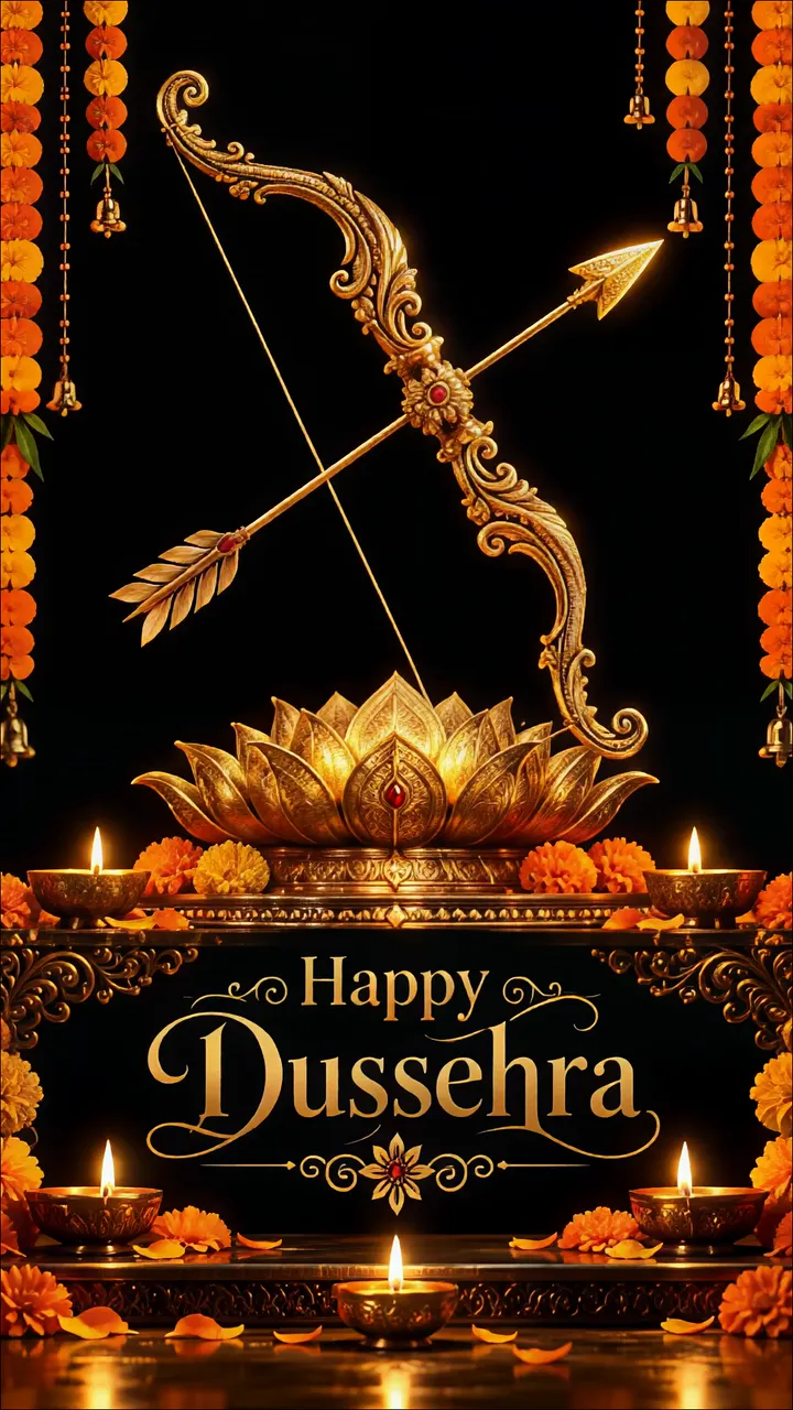 Rama's Golden Bow And Arrow On Lotus Throne For Dussehra
