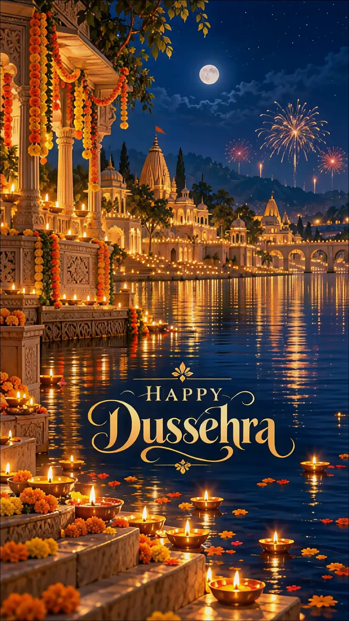 Dussehra Festival Celebrated At A Sacred River With Fireworks And Full Moon