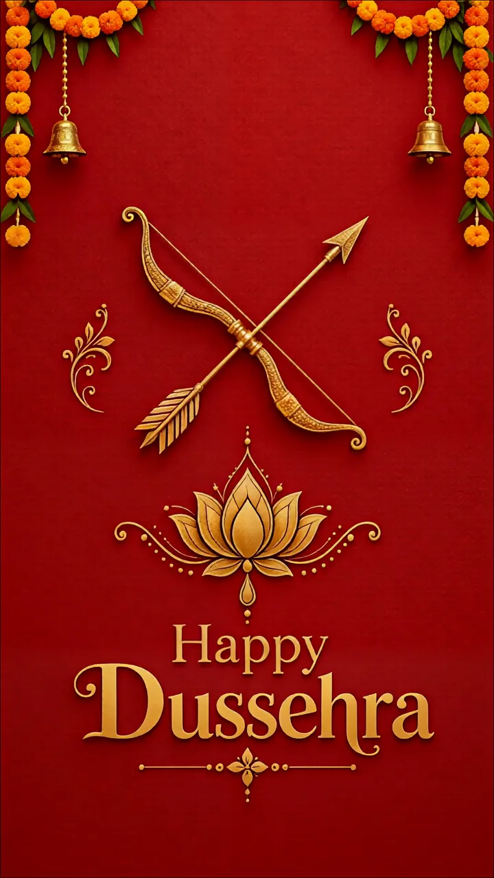 Happy Dussehra Celebration With Golden Bow And Arrow