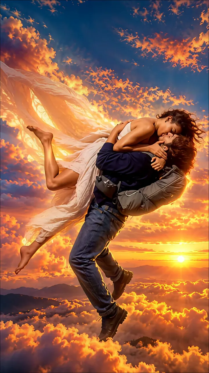 Couple Kissing Amidst Clouds During Golden Sunset