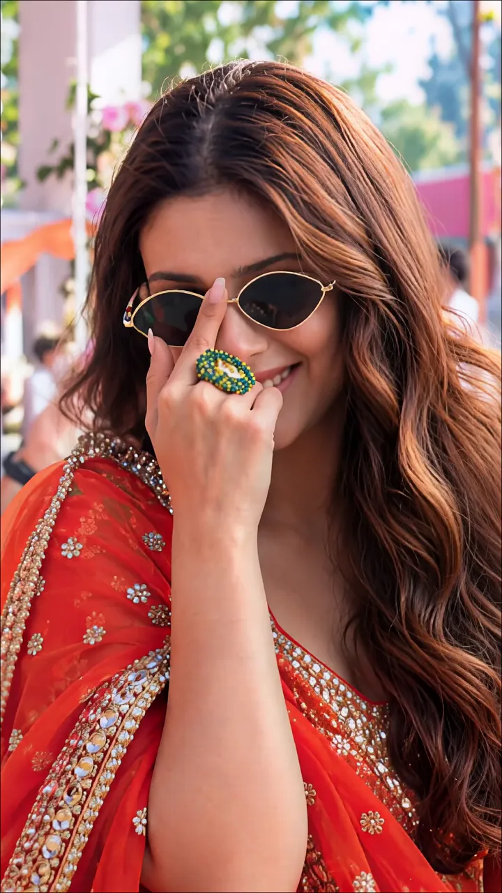 Alia Bhatt In Red Saree With Emerald Ring And Sunglasses