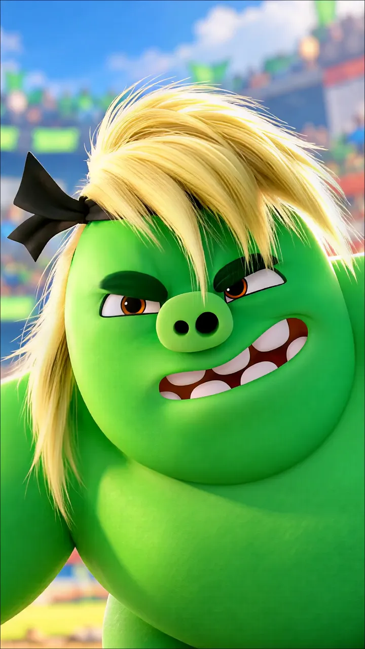 Angry Birds 3 Pig With Blonde Hair And Black Bow