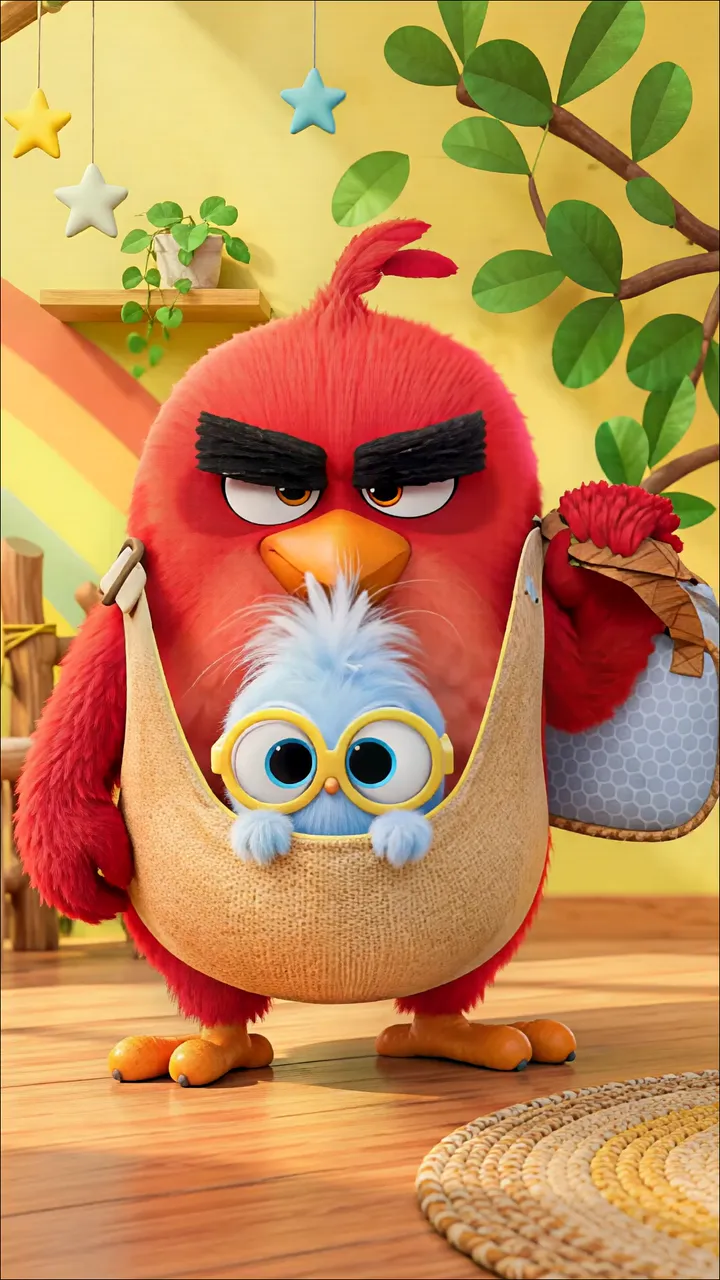 Red Angry Bird Carrying Blue Baby Bird In A Hammock