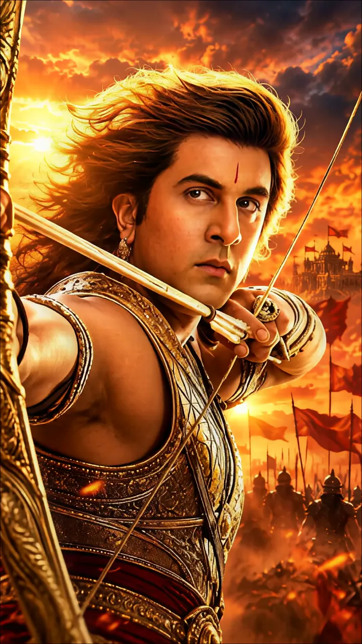 Rama The God Of War In Golden Armor Against Fiery Sunset