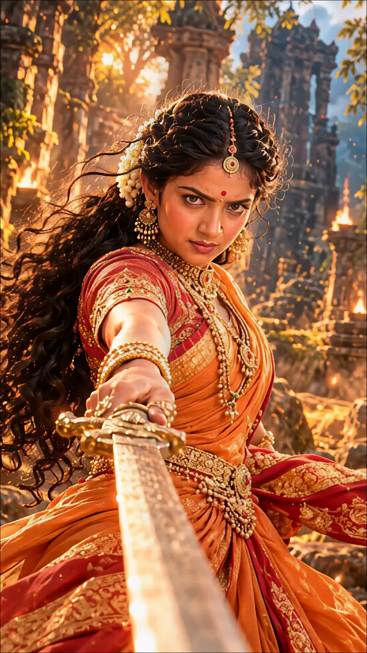 Sita In Royal Orange Sari Holding Sword Amid Ancient Temple Ruins