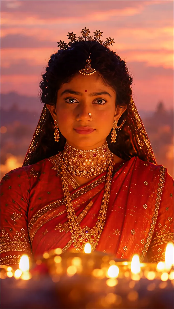 Sita Devi In Red Sari During Diwali Festival