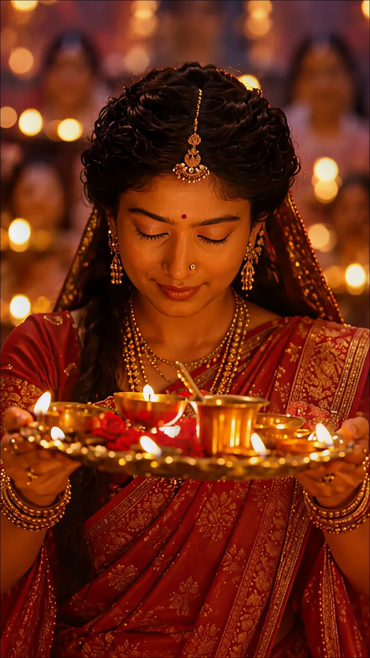 Sita Devi Holding Diya During Diwali Festival