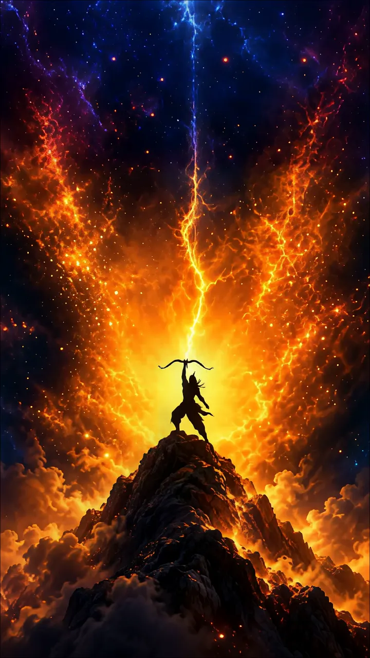 Rama Standing On A Mountain Peak With A Bow, Lightning And Cosmic Sky
