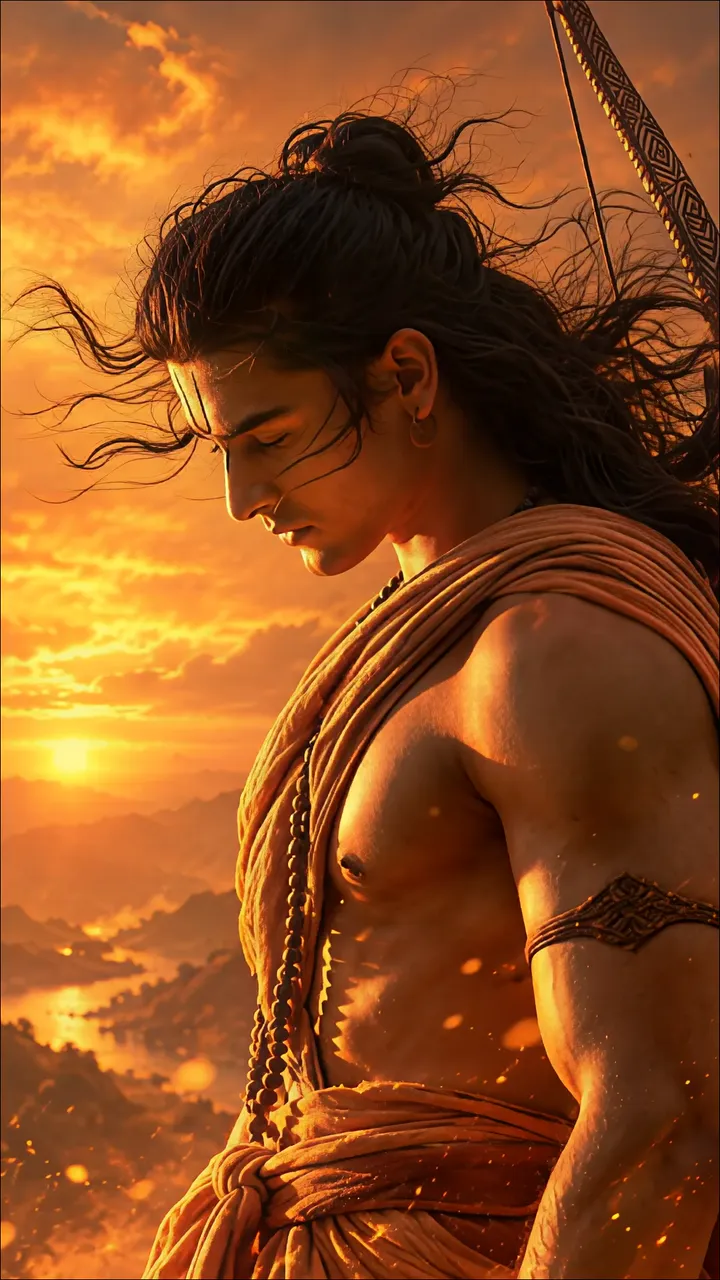 Shiva With Trishul Standing Amidst Golden Sunset Mountains
