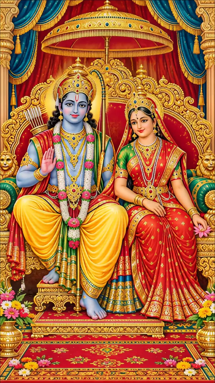 Lord Rama And Sita Seated On Royal Throne In Divine Court