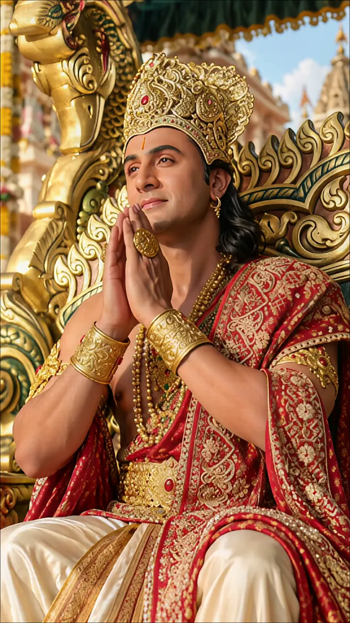 Rama In Royal Throne With Golden Crown And Red Attire