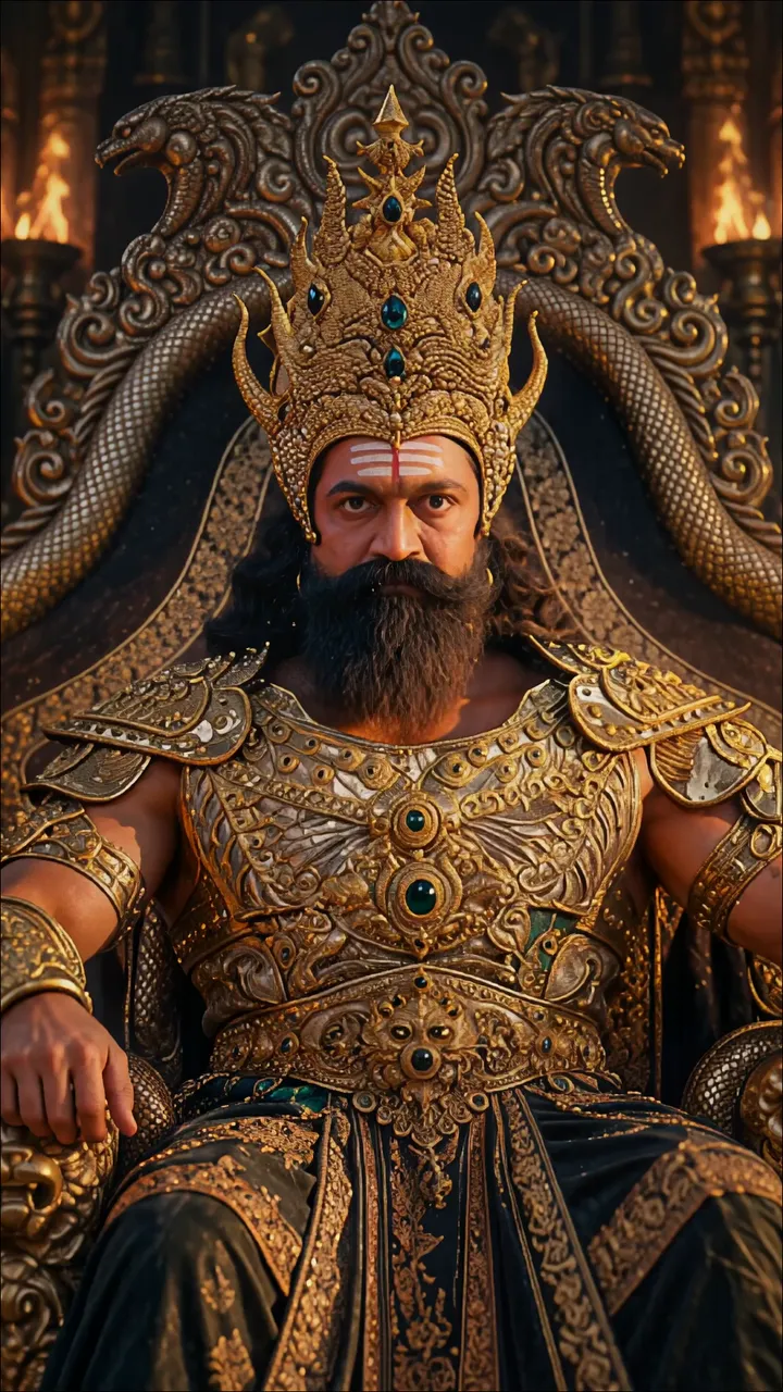 Ravana Sitting On A Golden Throne With Snake-Headed Chair