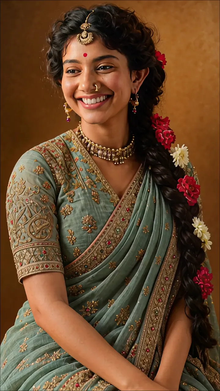 Sita In Traditional Sari With Floral Braid And Gold Jewelry