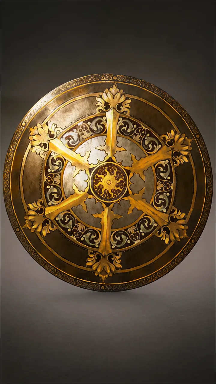 Ornate Golden Shield With Sunburst Design